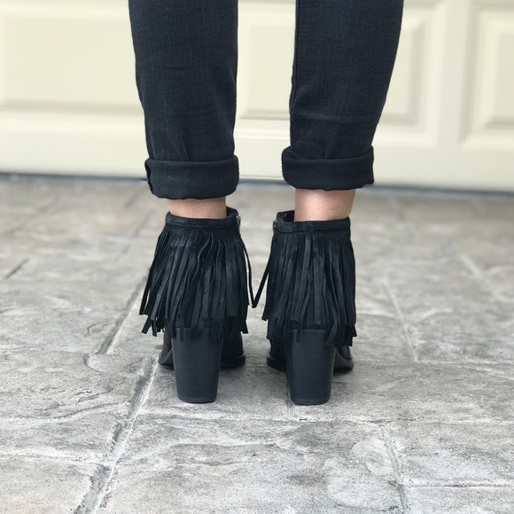 Boho Cascading Fringe Chunky Heel Ankle Booties - Picture 4 of 8